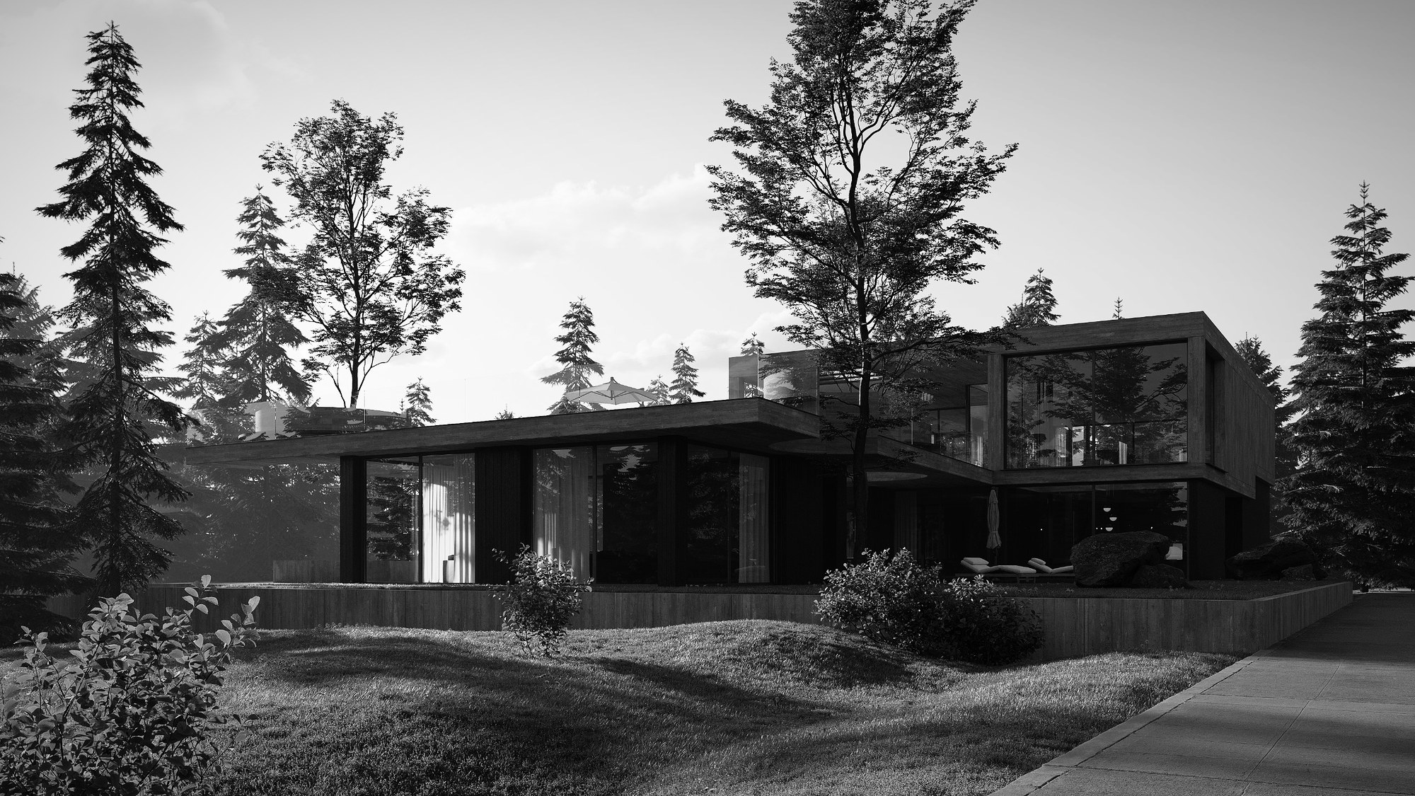 Villa Castanea mit Sichtbetondach, Glasfassade und Tannenwald im Morgenlicht