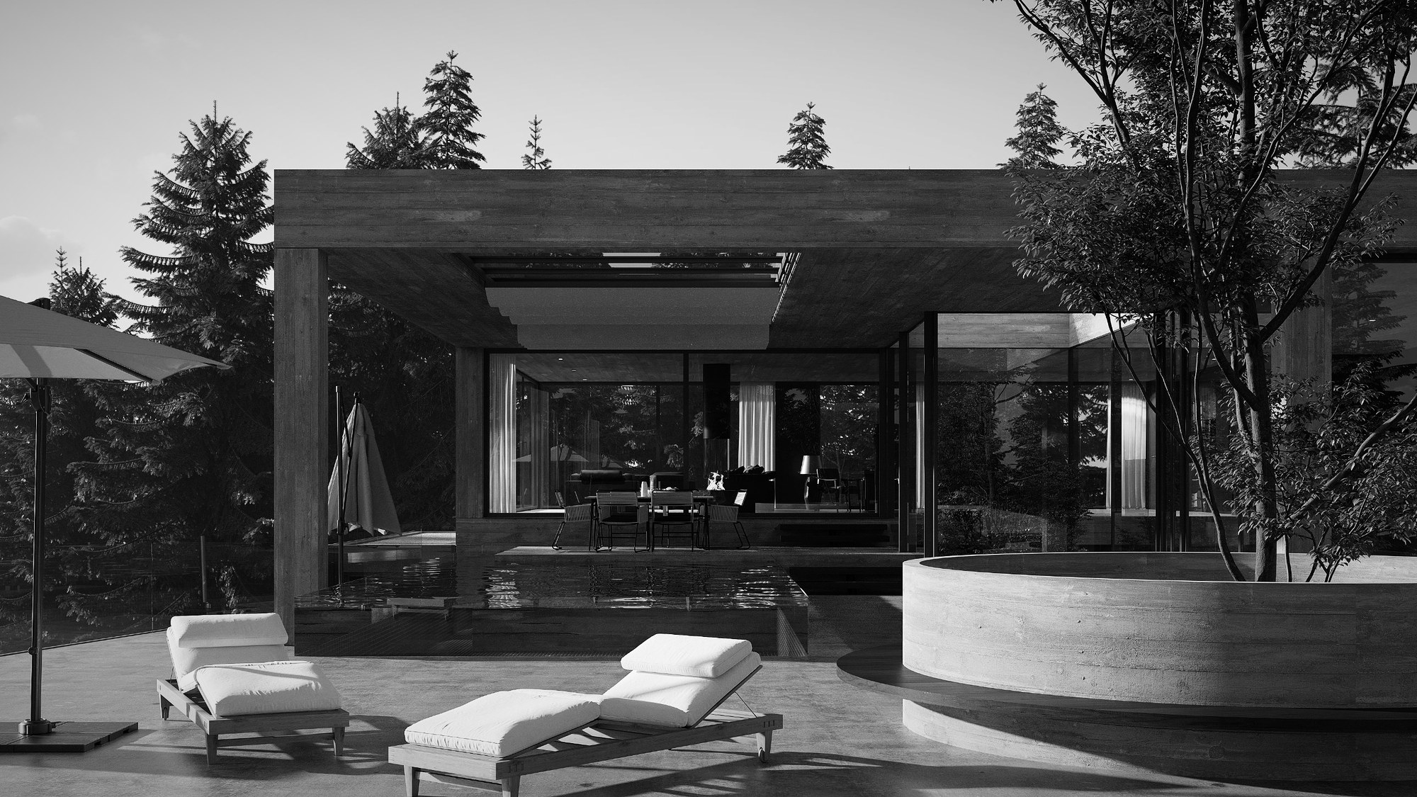 Terrasse mit Liegen und Infinity-Pool vor dem verglasten Wohnbereich
