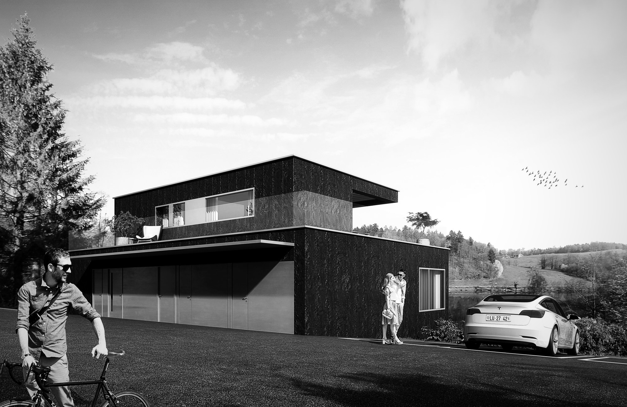 Dunkle Holzfassade mit Garage und Sicht auf die Landschaft