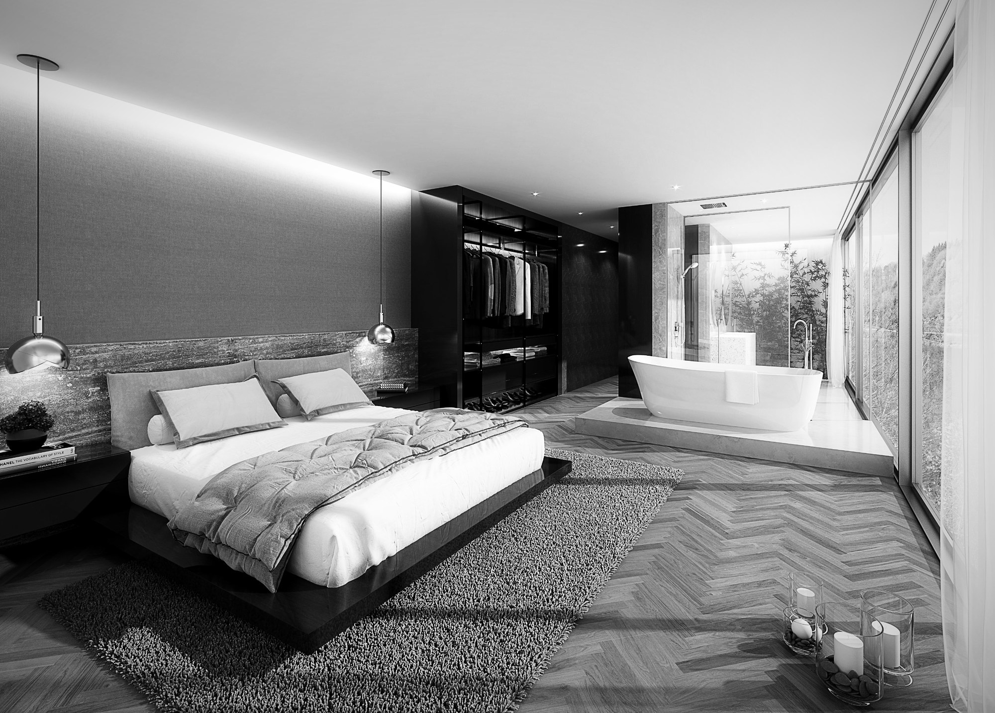 Hauptschlafzimmer mit freistehender Badewanne und Seeblick
