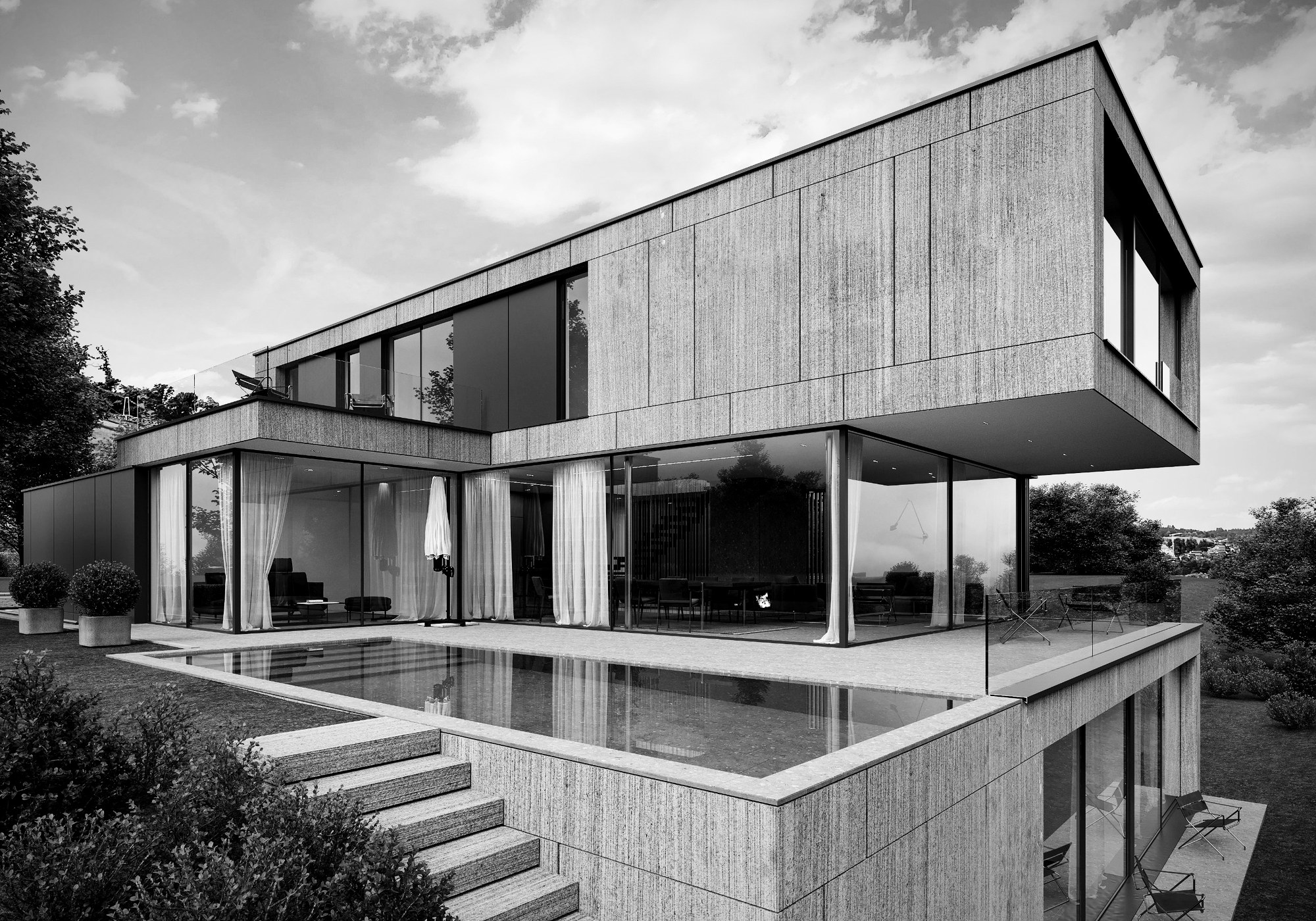 Villa mit Infinity-Pool, Terrasse und Treppe am Hang