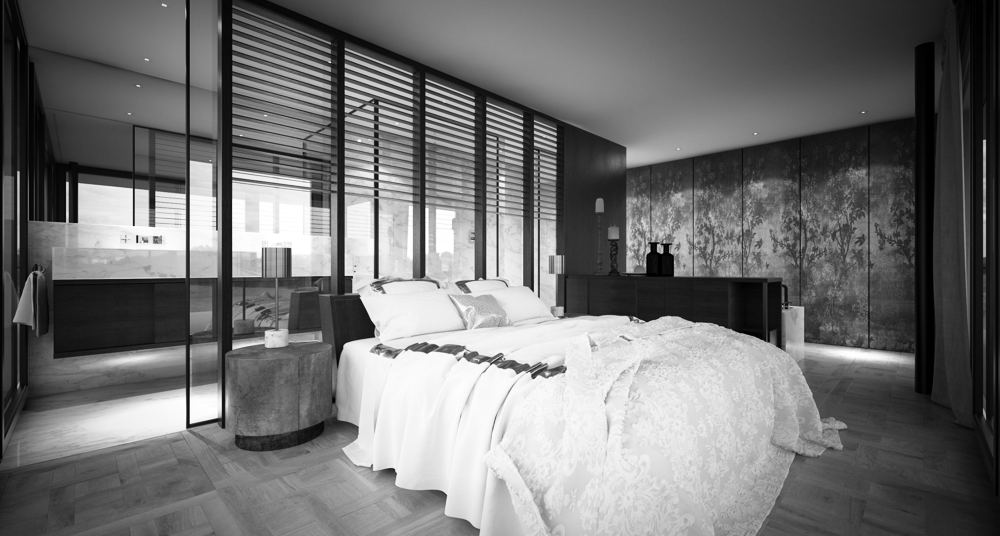 Schlafzimmer mit offenem Bad hinter Holzlamellen und Glas
