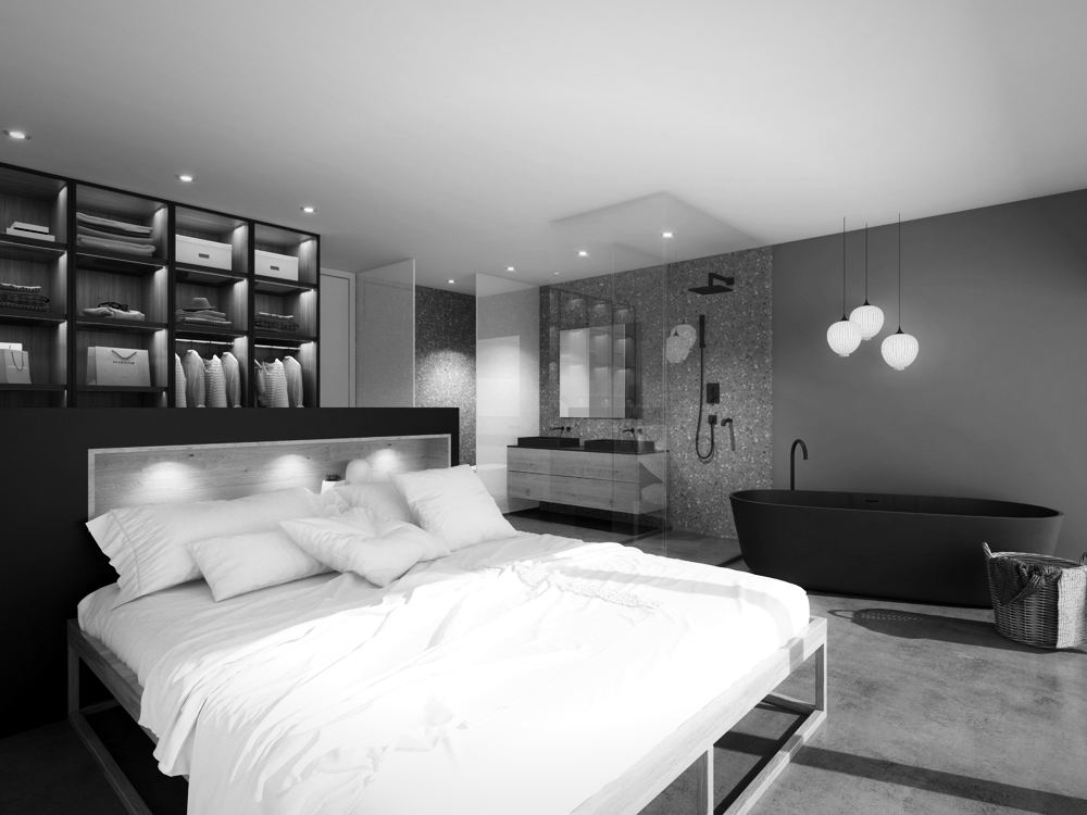 Schlafzimmer mit Ankleide und offenem Bad mit freistehender Wanne