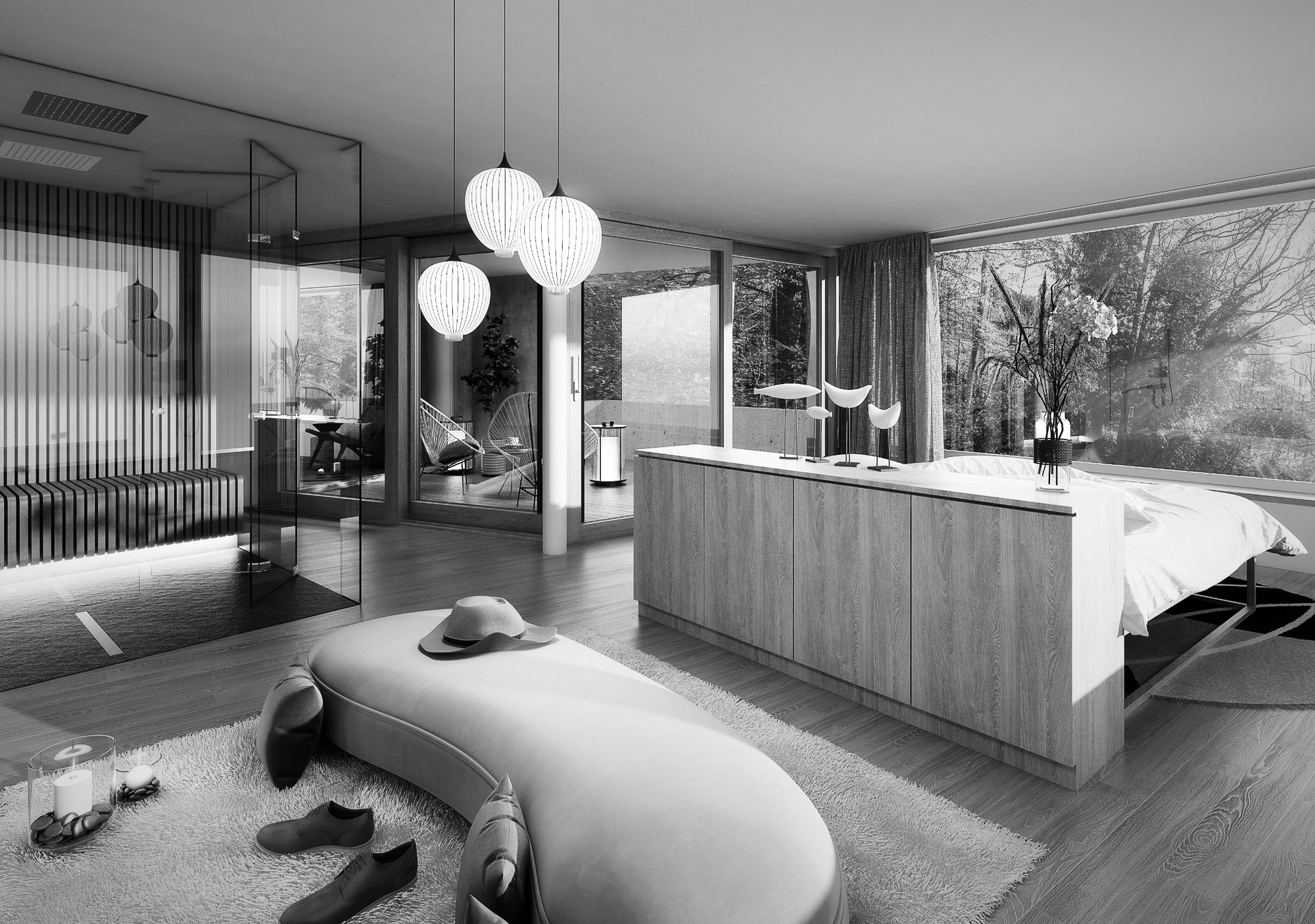 Hauptschlafzimmer mit Ankleide, Dusche und Waldblick