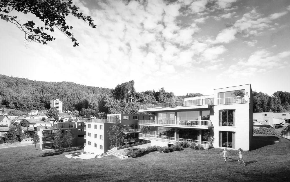 Wohnüberbauung mit grossen Balkonen und Dachterrassen, Blick über die Wiese