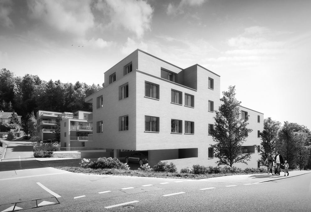 Mehrfamilienhaus mit heller Holzfassade an der Strasse, dahinter Wald